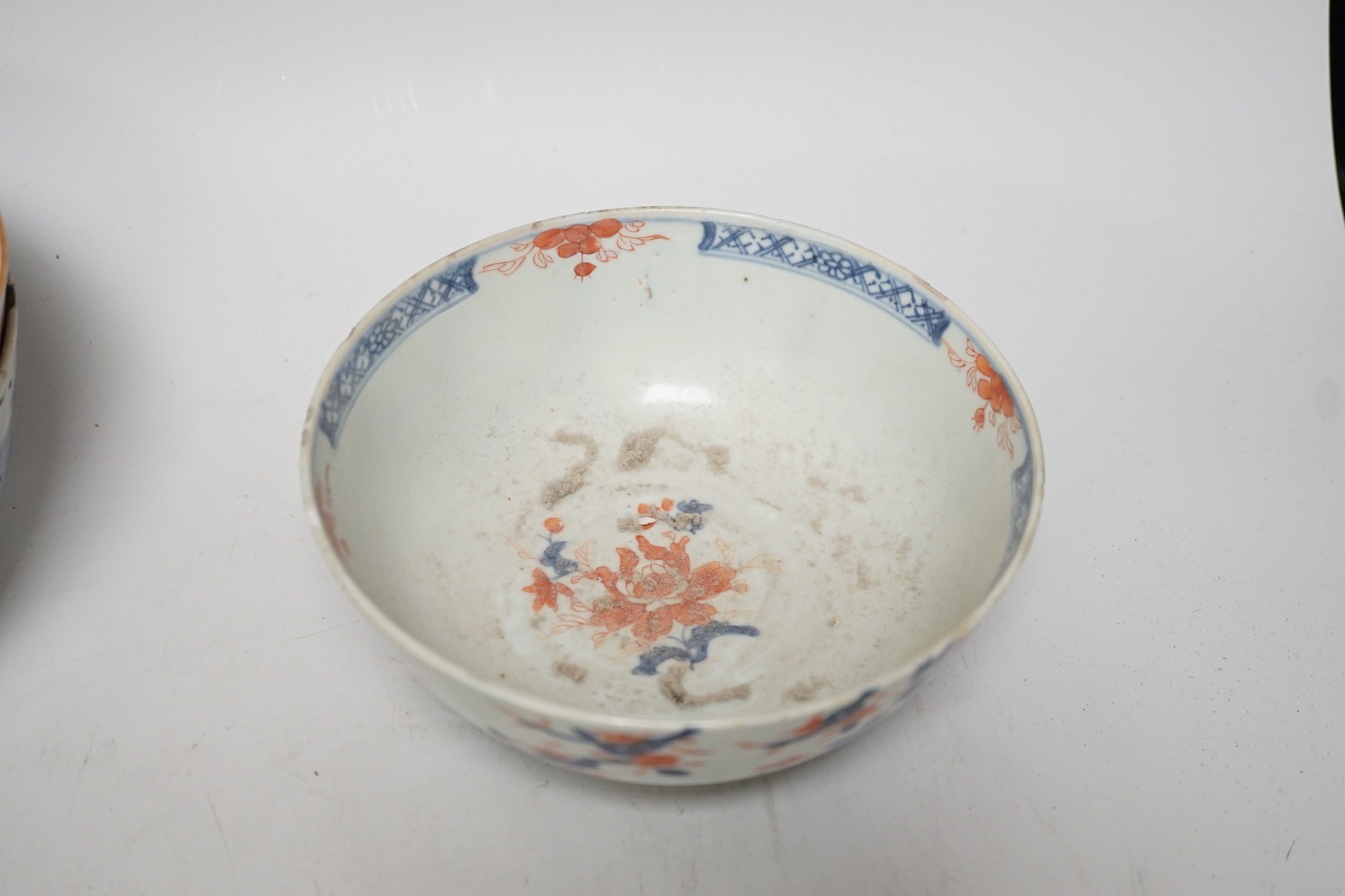 Six 18th century Chinese porcelain bowls (a.f.) and a Chinese imari plate, largest bowl 20cm diameter